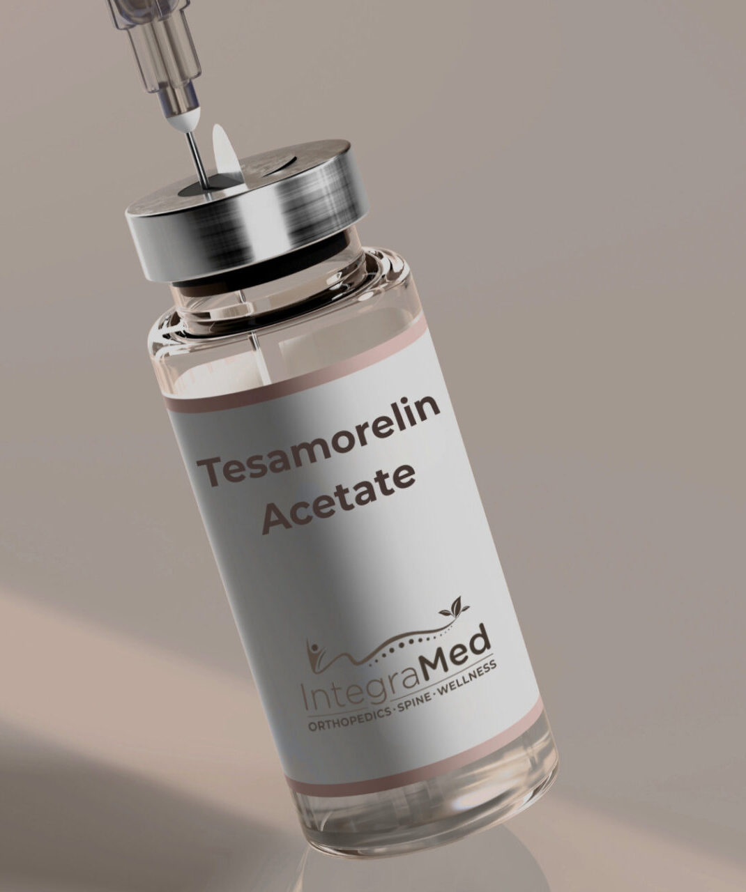 Tesamorelin peptide injection vial and syringe on a clean white background for fat loss and hormone support
