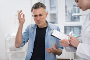 Man asking a female doctor if TRT is safe and wondering is testosterone replacement therapy covered by insurance