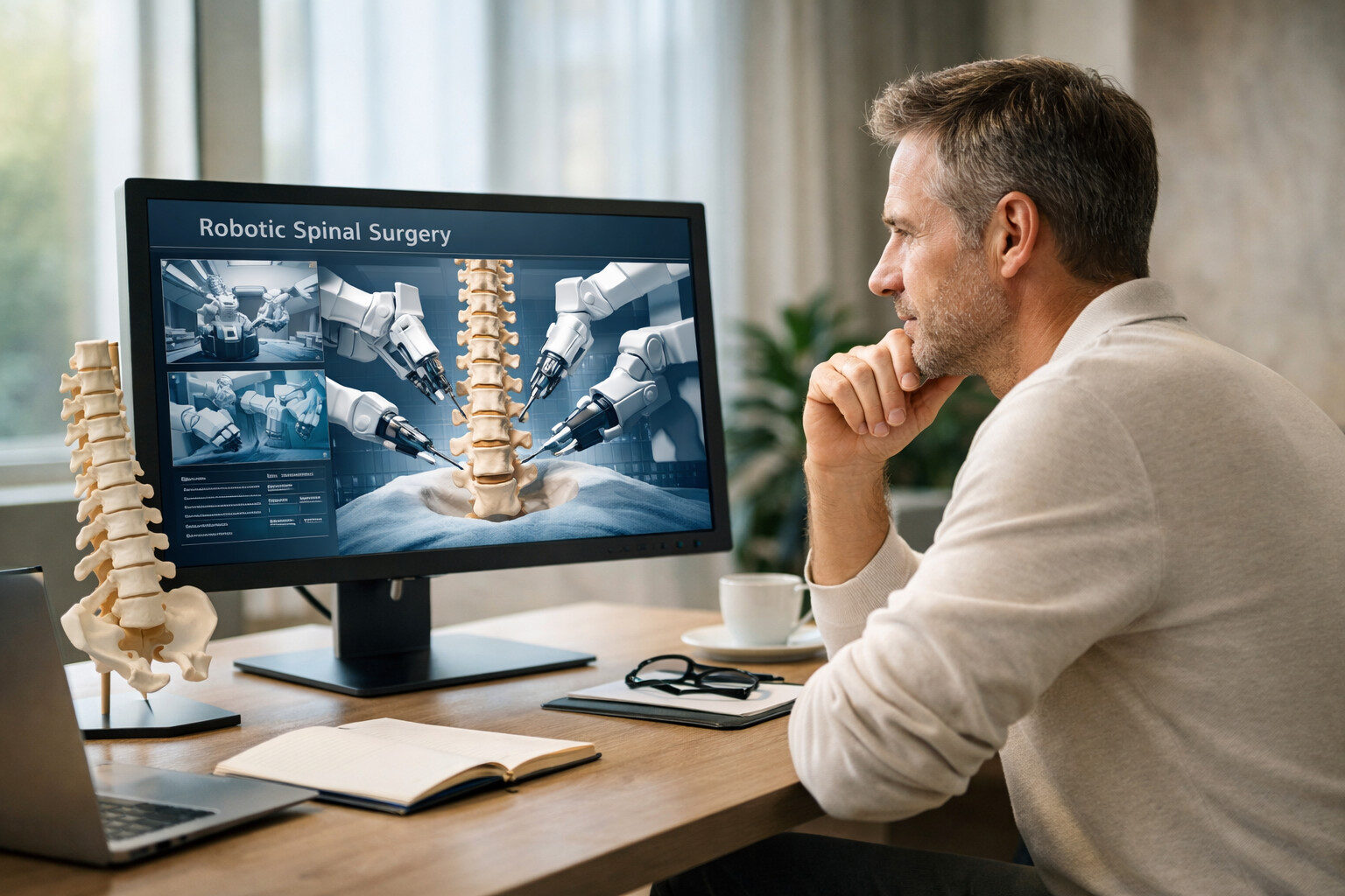 Man researching robotic spinal surgery on a computer, reviewing advanced minimally invasive spine procedures and orthopedic surgical technology.