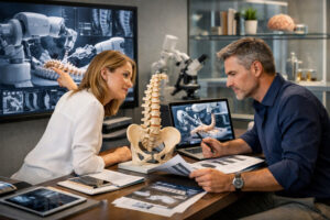 Medical professionals analyzing robotic-assisted spine surgery technology with spinal models and advanced imaging, highlighting innovation in orthopedic surgical planning.