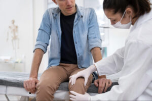 Healthcare professional examining a patient’s knee during a pre-operative consultation and physical evaluation before knee arthroplasty surgery.