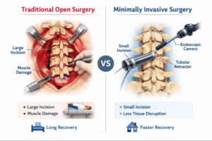 Medical illustration comparing traditional open spine surgery and minimally invasive spine surgery, highlighting incision size, muscle damage, tissue disruption, and recovery differences.
