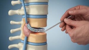 Medical illustration of a microdiscectomy procedure demonstrating spinal decompression and recovery after surgery