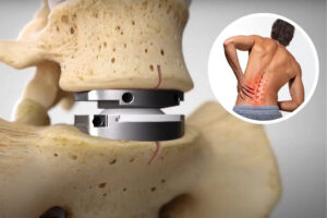Medical illustration showing an artificial disc implant replacing a damaged spinal disc