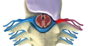 Medical diagram illustrating spinal nerve decompression and healing after microdiscectomy surgery