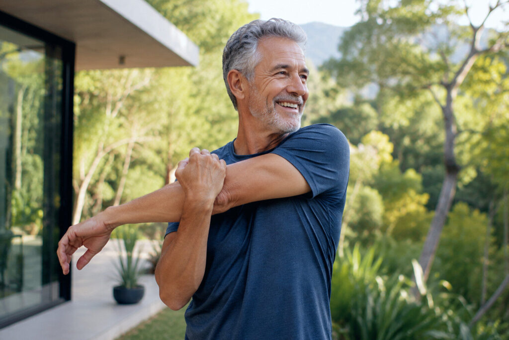Active senior stretching outdoors after artificial disc replacement surgery recovery