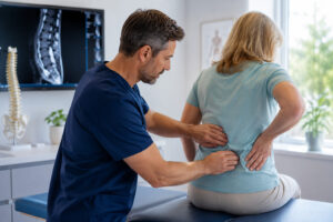 Spine specialist performing a physical examination on a patient with lower back pain during a comprehensive spinal evaluation.