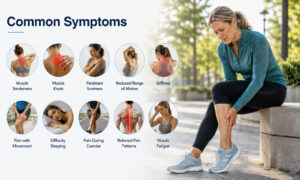 Infographic highlighting common symptoms of muscle pain, including tenderness, muscle knots, stiffness, reduced range of motion, pain during movement, and muscle fatigue.