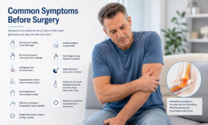 Infographic illustrating common symptoms of cubital tunnel syndrome before surgery, including numbness, tingling, elbow pain, hand weakness, and reduced grip strength.