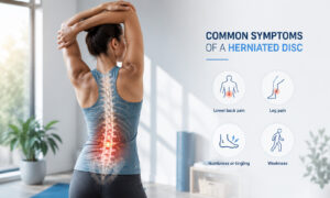 Infographic showing common symptoms of a herniated disc, including lower back pain, leg pain, numbness or tingling, and muscle weakness.