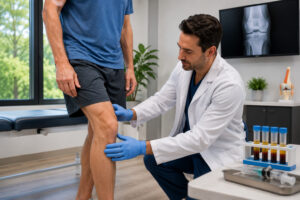 Orthopedic specialist performing a knee examination before PRP therapy to evaluate joint pain and determine a personalized regenerative treatment plan.
