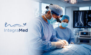Spine surgeon performing a minimally invasive spinal procedure in an operating room with advanced imaging and surgical technology.