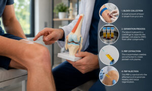Infographic illustrating the PRP therapy process for knee pain, including blood collection, platelet-rich plasma preparation, and guided joint injection.