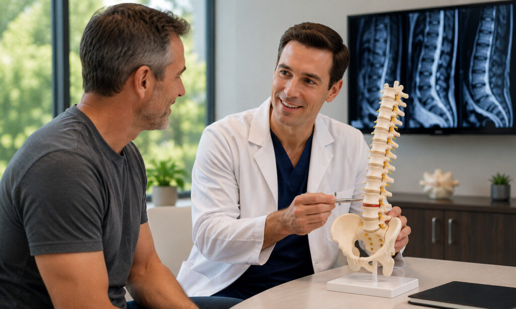 Spine specialist explaining a spinal model to a patient during a consultation for back pain evaluation and personalized treatment planning.