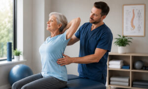 Physical therapist guiding an older woman through a shoulder mobility exercise during a rehabilitation session for back and spine health.