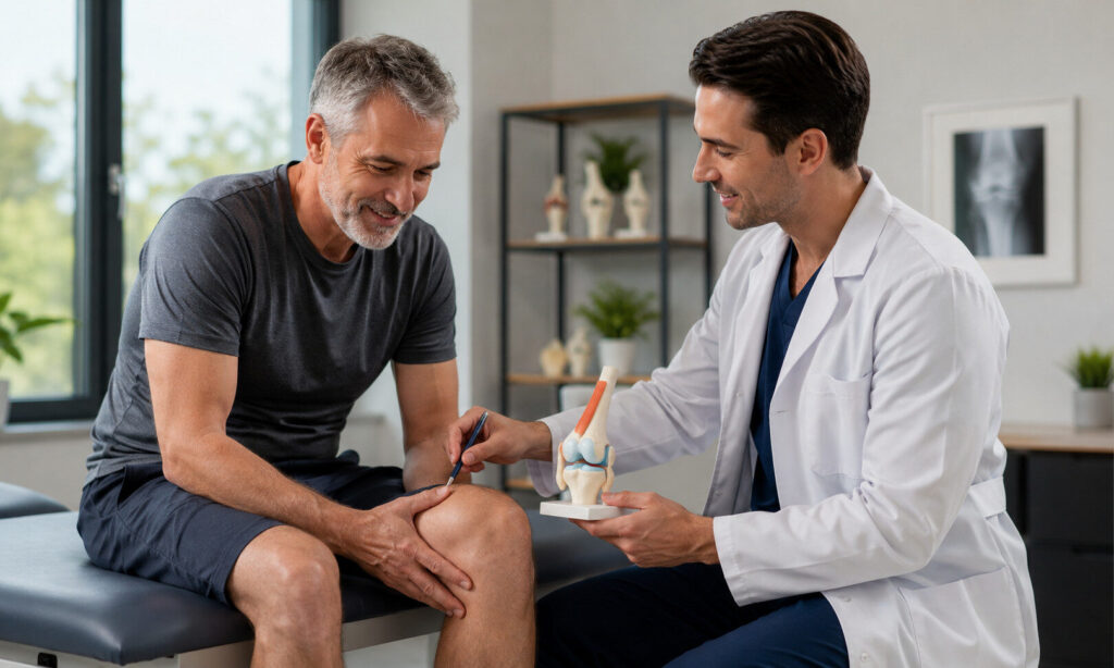 Orthopedic specialist explaining a knee joint model to a patient during a consultation for knee pain evaluation and personalized treatment planning.