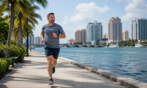 Man jogging along the waterfront in West Palm Beach, Florida, demonstrating an active lifestyle that supports joint health and long-term mobility.