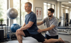 Physical therapist guiding a patient through a therapeutic stretching exercise to improve mobility, reduce back pain, and support spine rehabilitation.