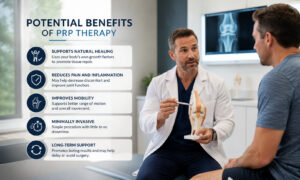 Infographic highlighting the potential benefits of PRP therapy for knee pain, including natural healing, reduced inflammation, improved mobility, and long-term joint support.