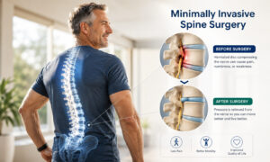 Infographic illustrating the benefits of minimally invasive spine surgery with before-and-after spinal decompression images and improved patient mobility.