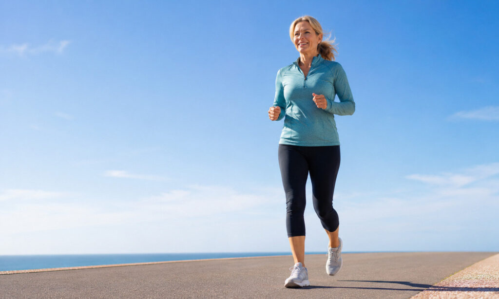 Older woman jogging outdoors along a coastal path, demonstrating an active lifestyle that supports joint health, mobility, and healthy aging after orthopedic care.