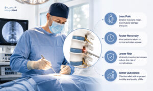 Infographic highlighting the benefits of minimally invasive spine surgery, including less pain, faster recovery, lower complication risk, and improved mobility.