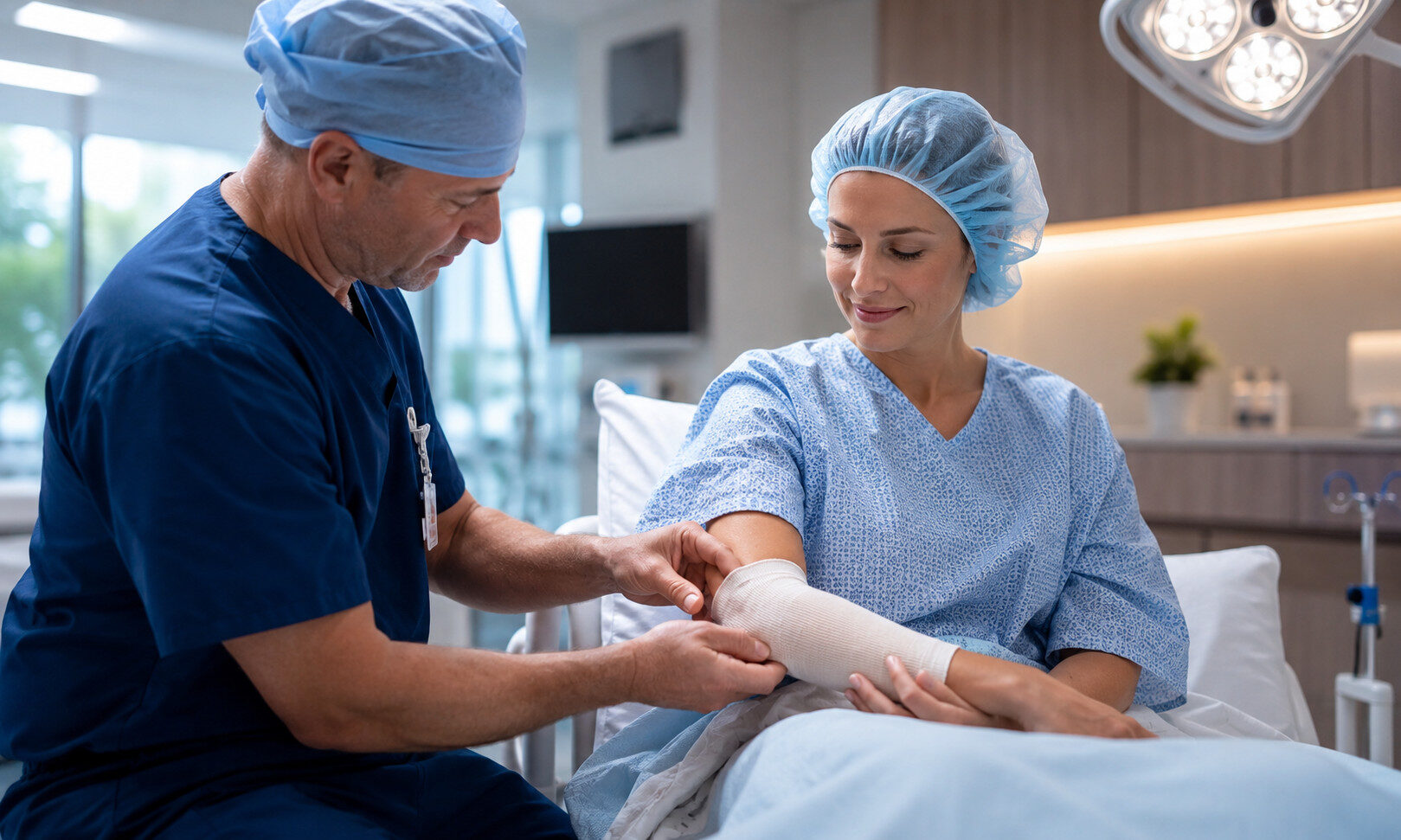 Healthcare provider applying a compression bandage to a patient's arm after a PRP blood draw in a modern orthopedic clinic.