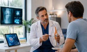 Orthopedic specialist explaining knee anatomy and regenerative treatment options to a patient during a consultation for chronic knee pain.