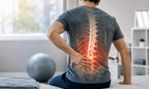 Man experiencing lower back pain with a highlighted lumbar spine, illustrating inflammation and spinal discomfort associated with back pain.