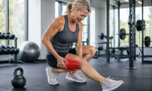 Woman experiencing calf muscle pain during exercise, illustrating a muscle strain or trigger point injury affecting mobility and physical activity.