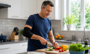 Patient preparing a healthy meal while wearing an elbow brace during recovery from cubital tunnel surgery, supporting healing and overall wellness.