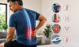 Infographic showing common symptoms of a herniated disc, including lower back pain, sciatica, leg numbness, bladder or bowel dysfunction, and fever warning signs.