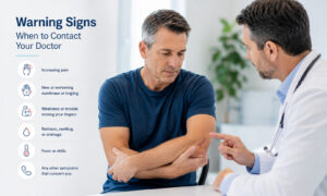 Patient consulting with an orthopedic specialist about warning signs after cubital tunnel surgery, including increasing pain, numbness, swelling, and infection symptoms.