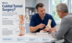 Infographic explaining cubital tunnel surgery with illustrations of ulnar nerve decompression and a surgeon consulting a patient about treatment options.