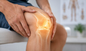 Close-up of a person holding a painful knee with a highlighted knee joint, illustrating knee arthritis, joint inflammation, or cartilage damage.