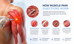 Infographic illustrating how muscle pain injections target inflamed trigger points to reduce pain, relax muscles, and promote recovery.