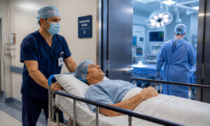 Patient being transported to the operating room for cubital tunnel surgery under the care of an orthopedic surgical team.