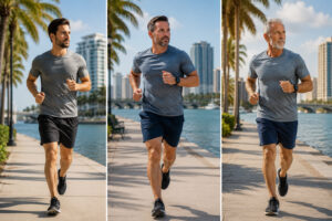 Collage of adults jogging along the West Palm Beach waterfront, highlighting active lifestyles that support joint health, mobility, and long-term wellness.